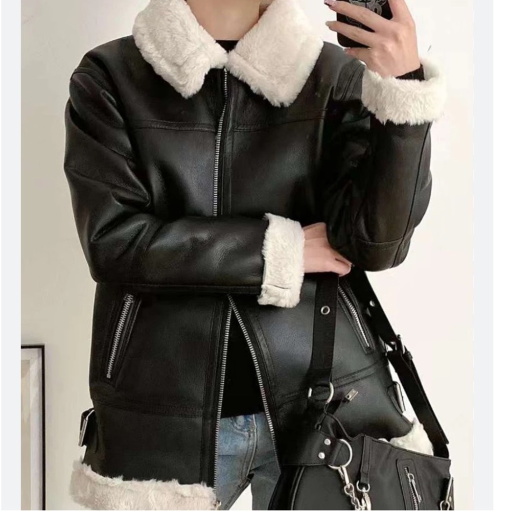 81 moto jacket faux leather faux fur zip up black coat jacket - Picture 3 of 13